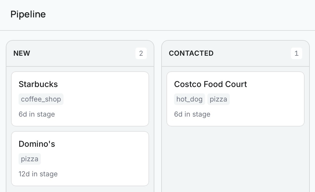 Pipeline kanban board showing accounts by stage